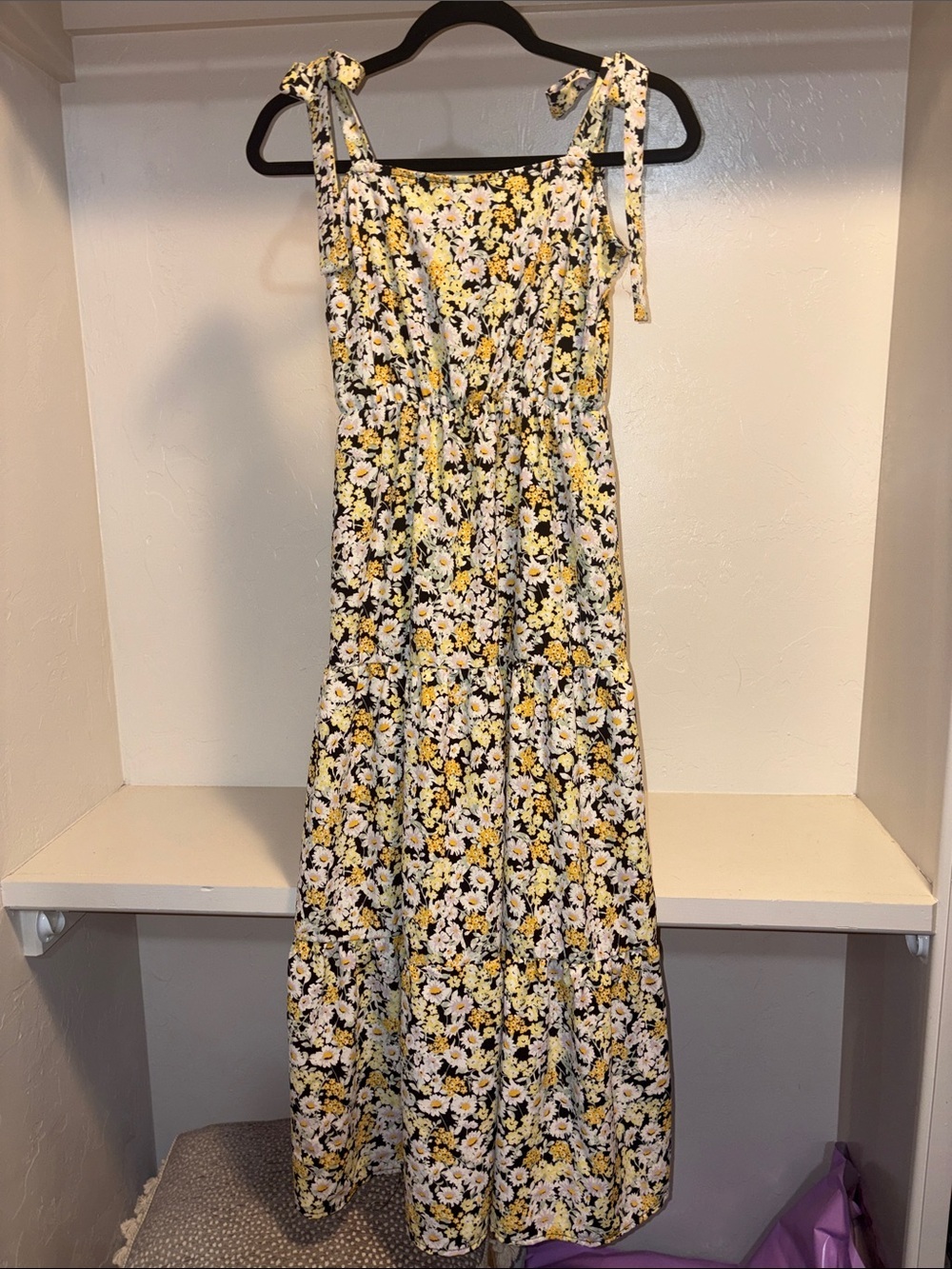 Floral Tie-Shoulder Maxi Dress Skirt in Yellow, White and Black